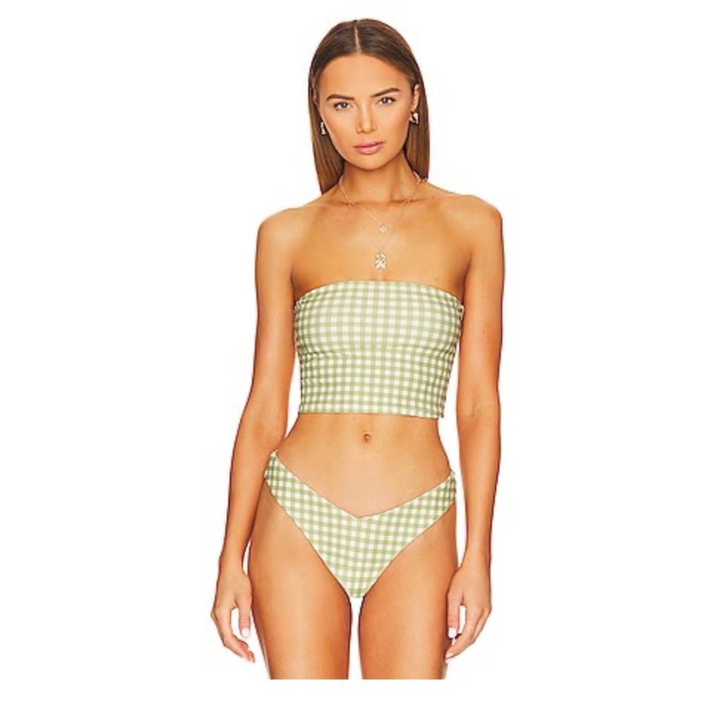 WeWoreWhat Tube Bikini Top in Gingham Fern Bandeau Green White Strapless Large